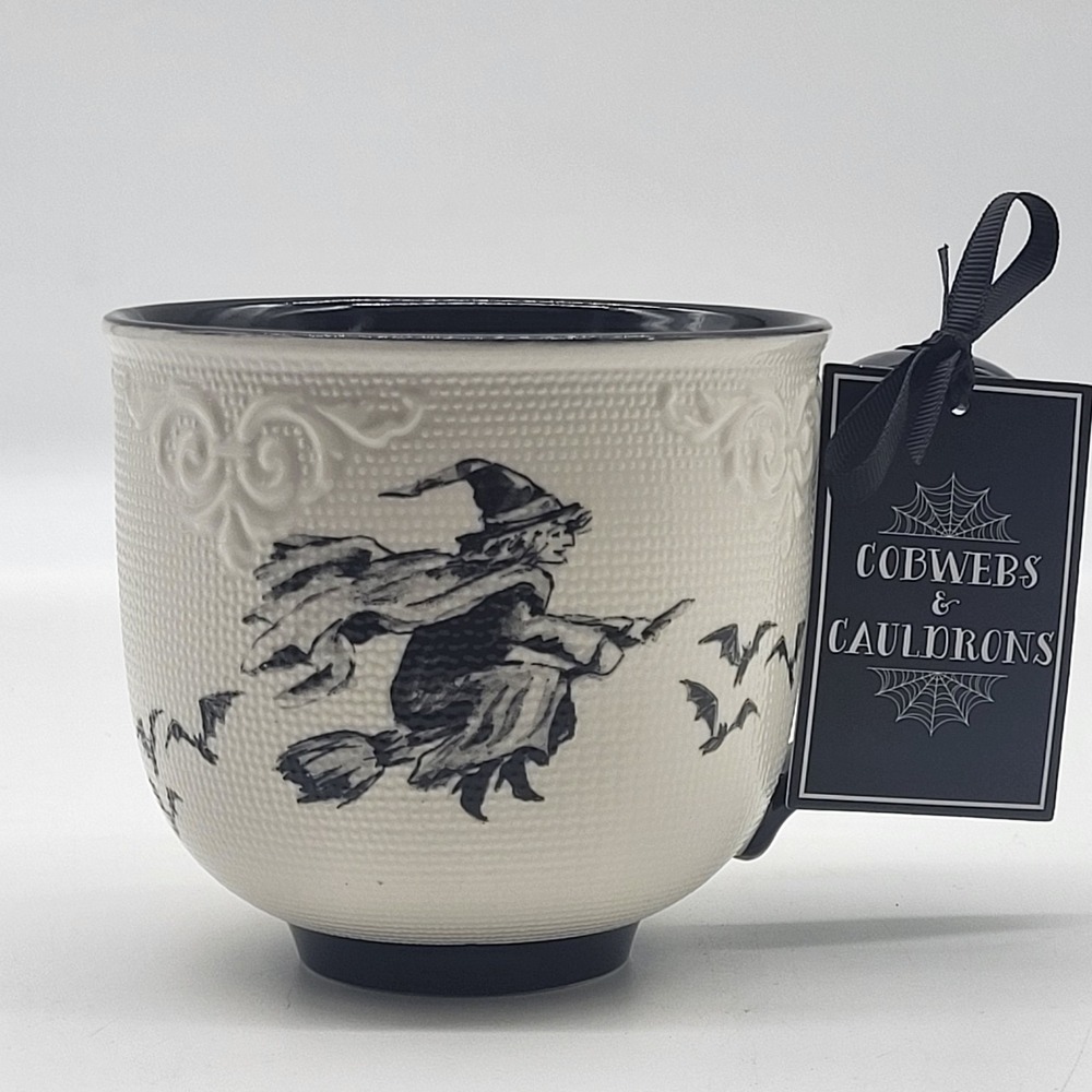 Cobwebs & Cauldrons Halloween Witch Mug Embossed White Black Oversized New